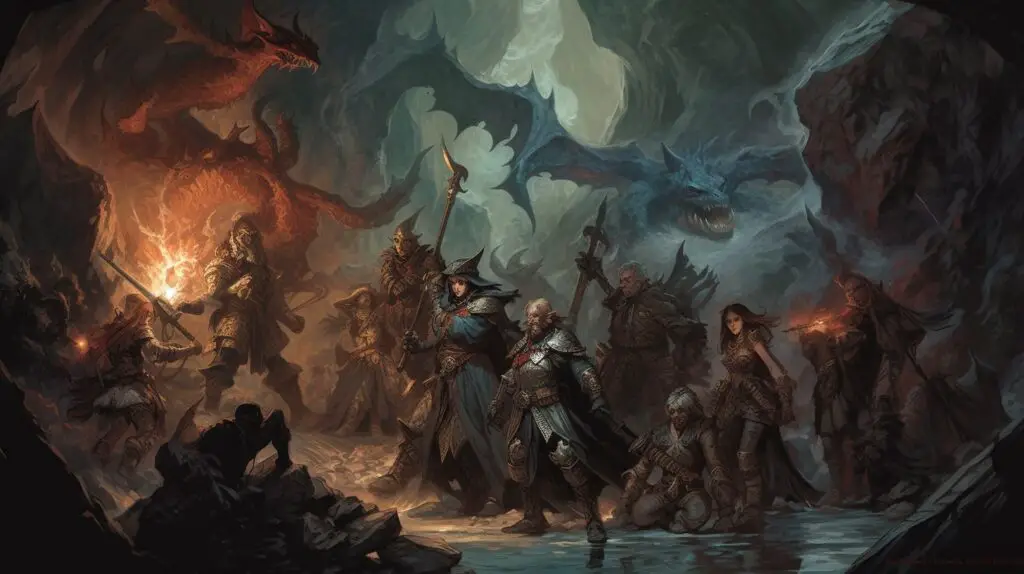fantasy image of a Dungeons and Dragons group fighting dragons