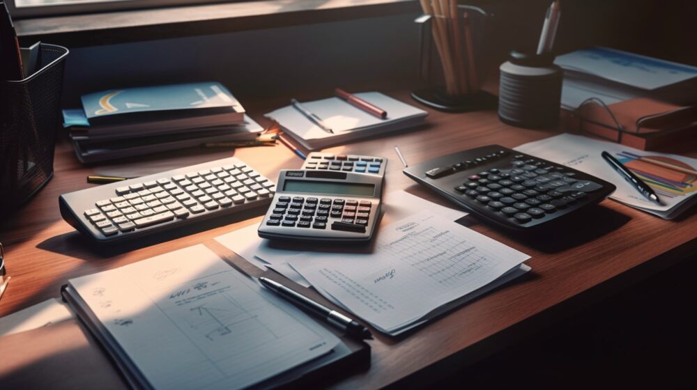 an accountants desk with papers graphs and a calculator
