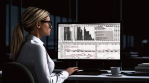 business woman looking at a spreadsheet