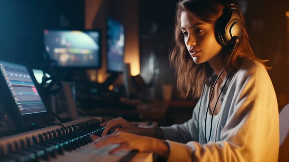 woman with headphones writing music